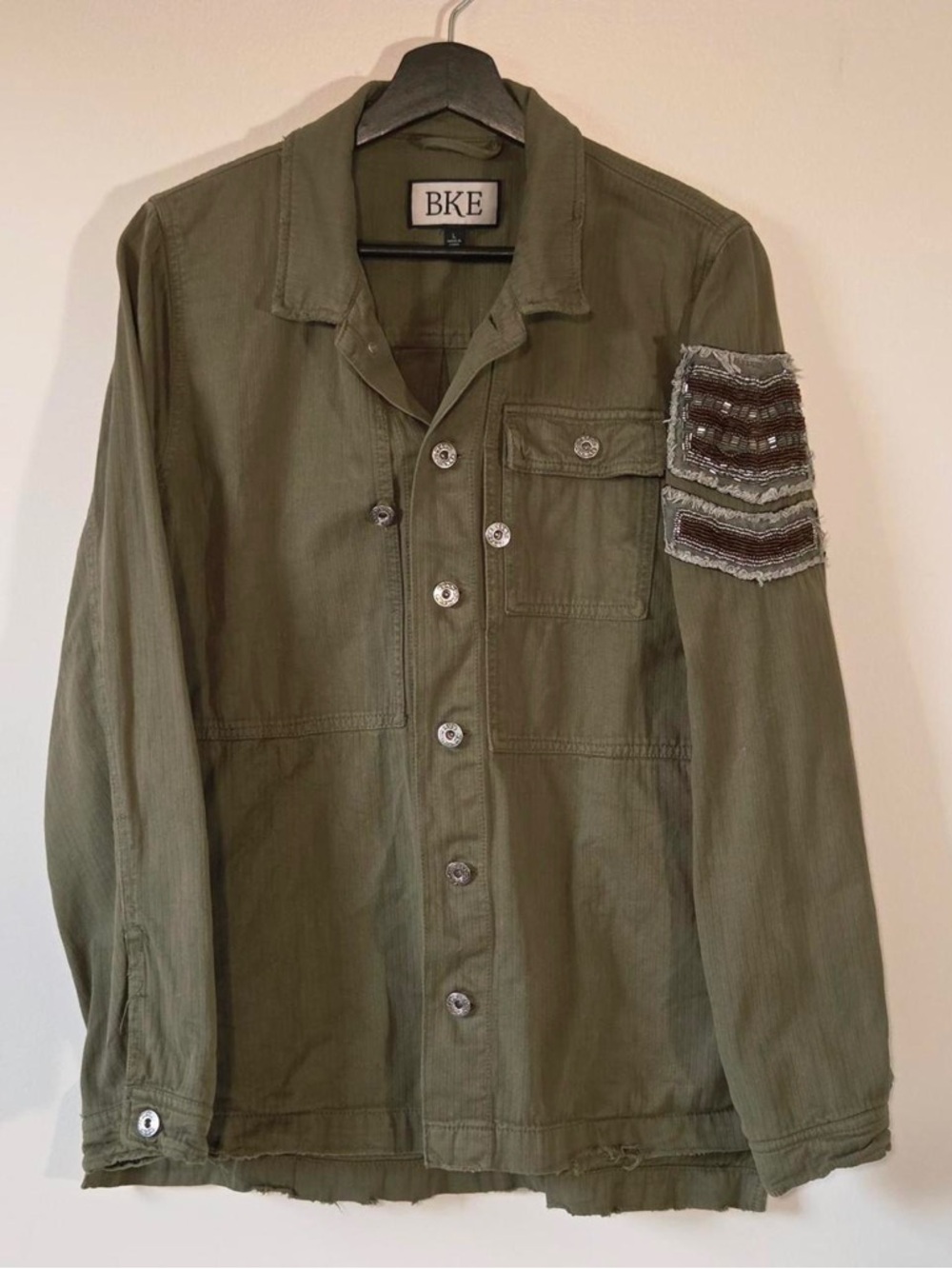 BKE Olive Green Military Field Jacket with Chevron Sleeve Patch